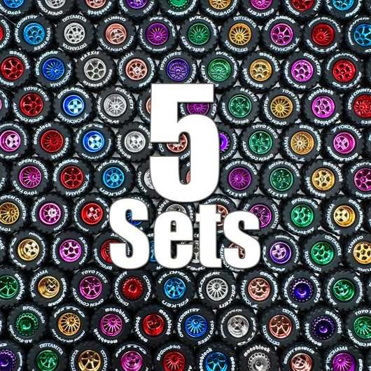 1/64 wheels with easy installation, 5 sets monoblock bundled value pack in diamond cut colors, with off road tires and tire lettering.