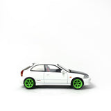 1/64 wheels with easy installation, Tomica Limited Vintage Honda Civic EK9 on SS design in Takata Green, with stretch rubber tires.