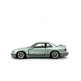 1/64 wheels with easy installation, Tomica Nissan Silvia S13 on Monoblock SS design in Metallic Silver, with low profile tires.