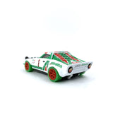 1/64 wheels with easy installation, tomica lancia stratos hf rally on SS design in kamikaze red, with low profile green tires.