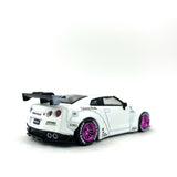 1/64 wheels with easy installation, MiniGT LB Works Nissan GT-R on MS design in diamond cut pink, with Toyo race tires.