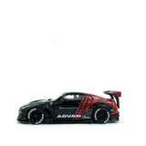 1/64 wheels with easy installation, minigt LB works nissan gt-r on MS design in tuxedo black, with Advan race rubber tires.