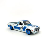 1/64 wheels with easy installation, hot wheels datsun sunny truck on monoblock CS design in diamond cut blue, with stretch tires.