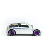 1/64 wheels with easy installation, Hot Wheels '90 Honda Civic EF on SS design in diamond cut purple, with Advan race tires.