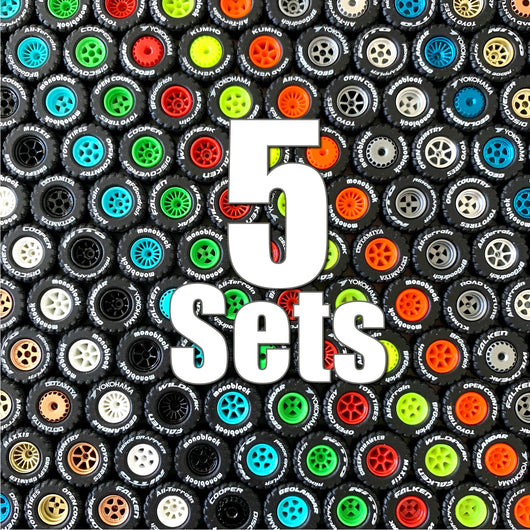 1/64 wheels with easy installation, 5 sets monoblock bundled value pack in standard colors, with off road tires and tire lettering.
