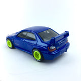 1/64 wheels with easy installation, hot wheels subaru impreza wrx on RS design in neon yellow, with monoblock race tires.