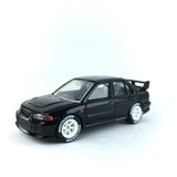 1/64 wheels with easy installation, Tomica Mitsubishi Lancer GSR Evolution III on SS design in Alpine White, with Speedhunters race tires.